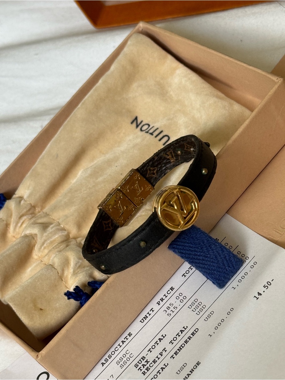 Louis Vuitton Brown Monogram Leather Bracelet with Gold LV Emblem